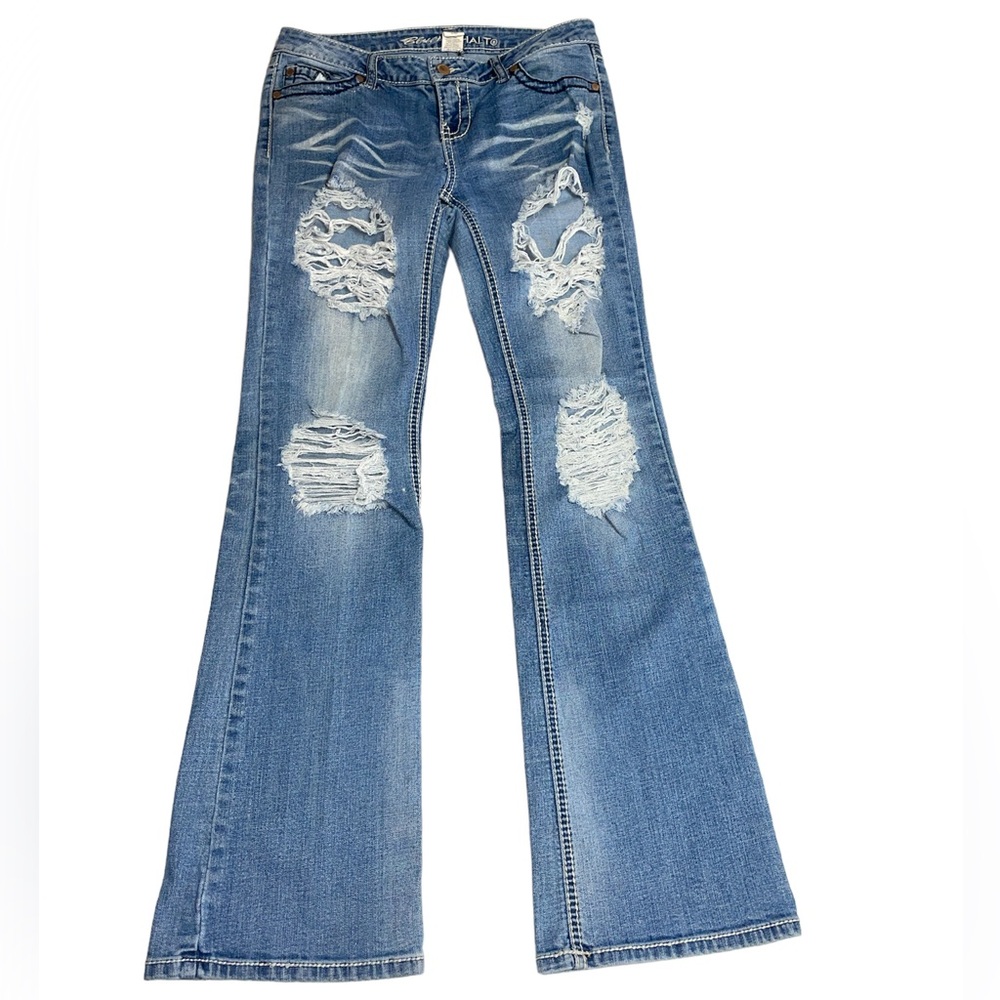 Blue Asphalt Distressed Flaring Ankle Jeans